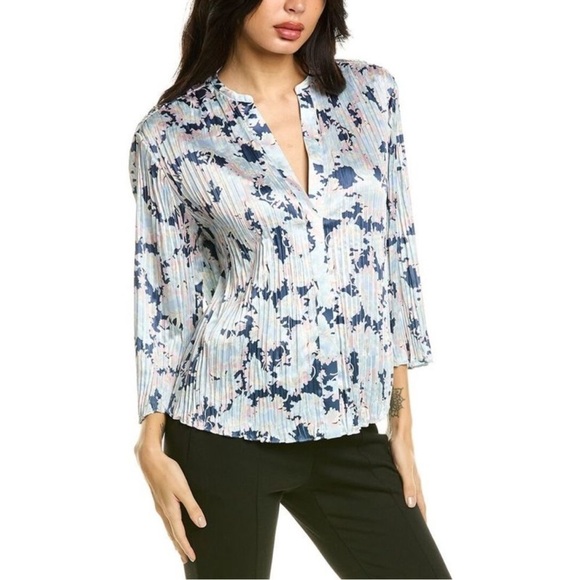 Vince Pleated Lotus Print Blouse in Tide Pool - Picture 1 of 8
